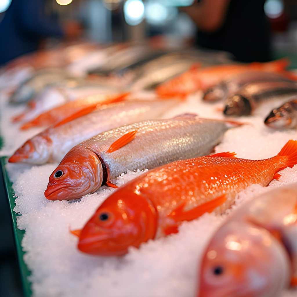 Close-up of a vibrant selection of fresh seafood, including various types of fish and shellfish, displayed attractively on ice at a fish market stall in Ostend, with blurred background showing other market activity. Natural light, high detail.