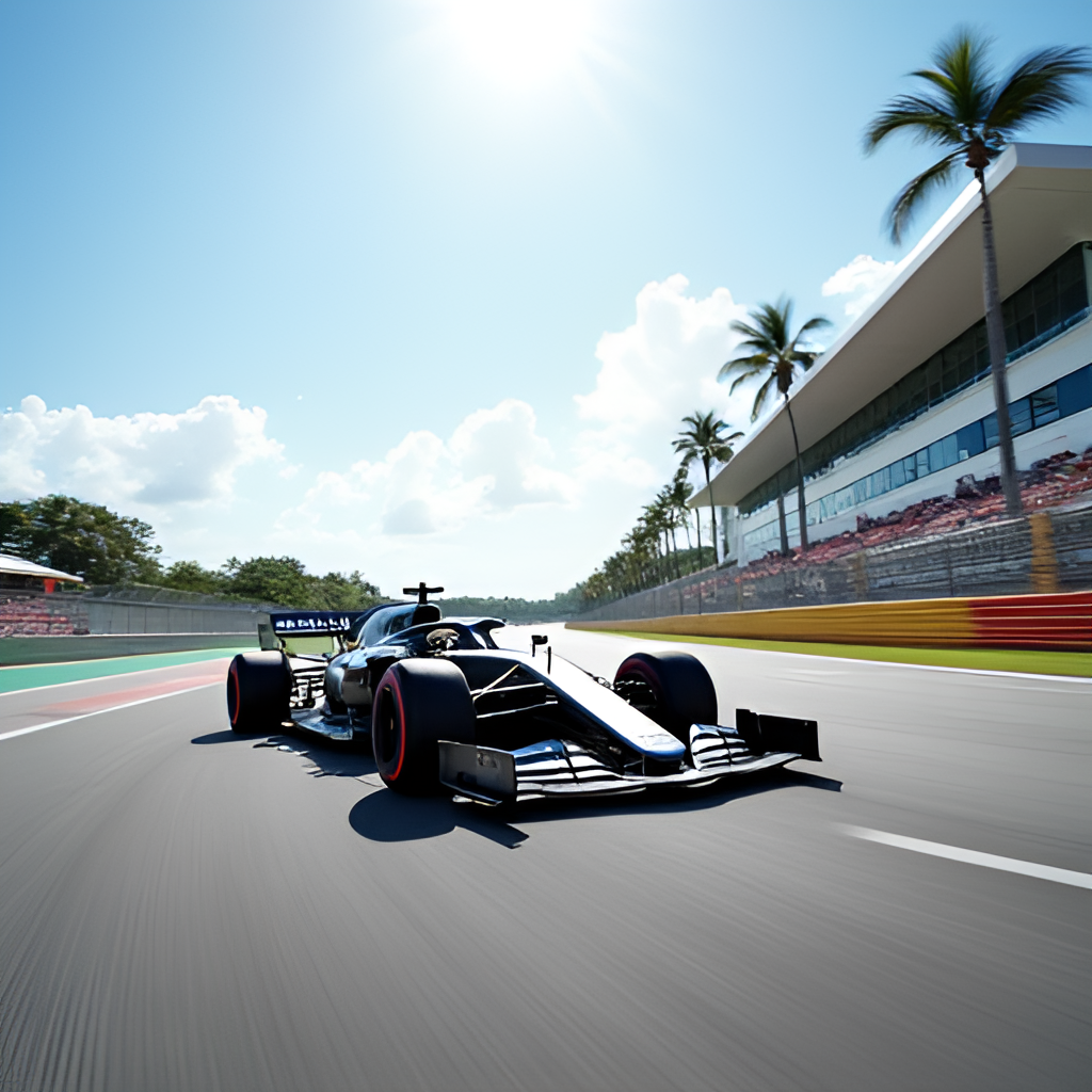 A dynamic shot of a Formula 1 car racing along one of the straight sections of the Miami International Autodrome, with blurred grandstands and palm trees in the background, conveying speed.