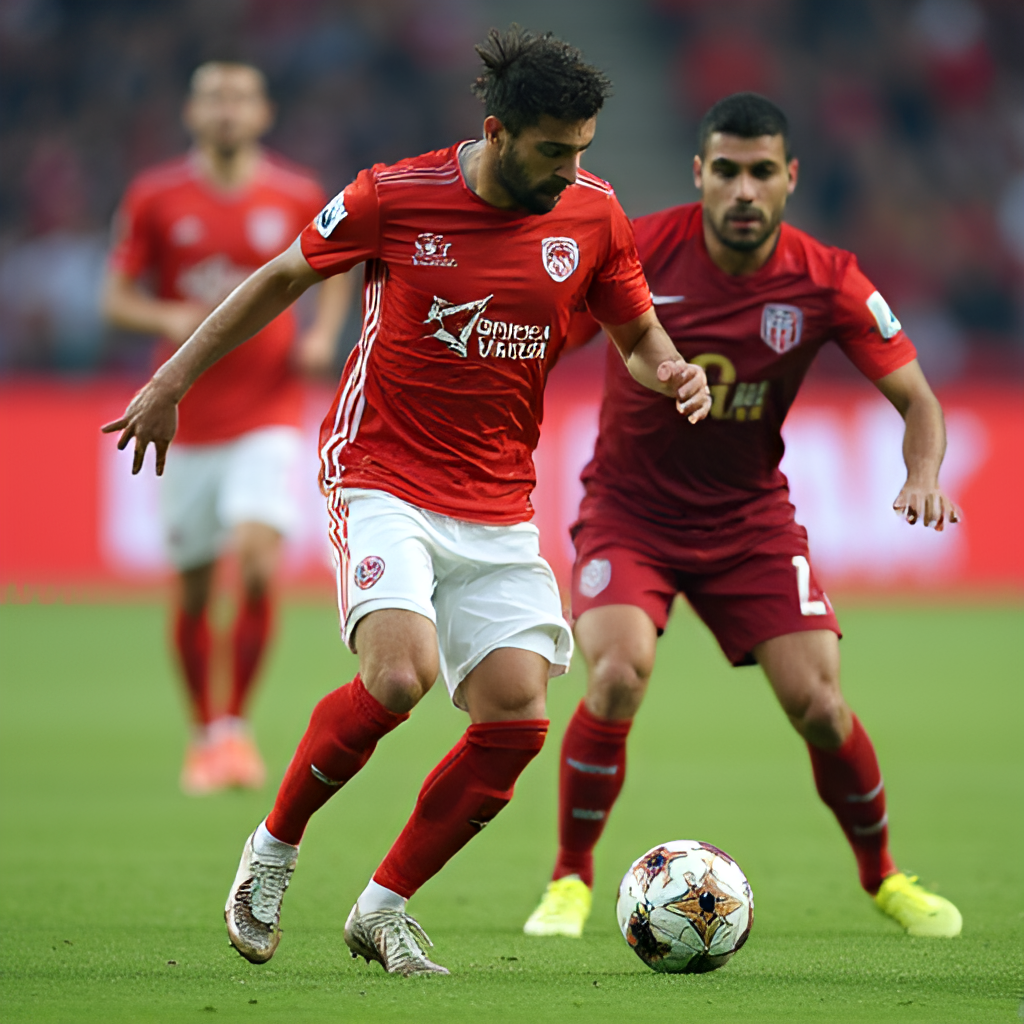 A close-up action shot of a football player from Sivasspor dribbling the ball past a Galatasaray defender during a match, showing intensity and focus