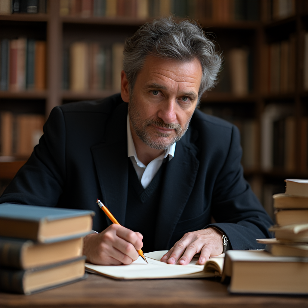 An image depicting a person writing or reading in a library setting, representing Louis Sarkozy's work as a writer and historian, with books surrounding them.