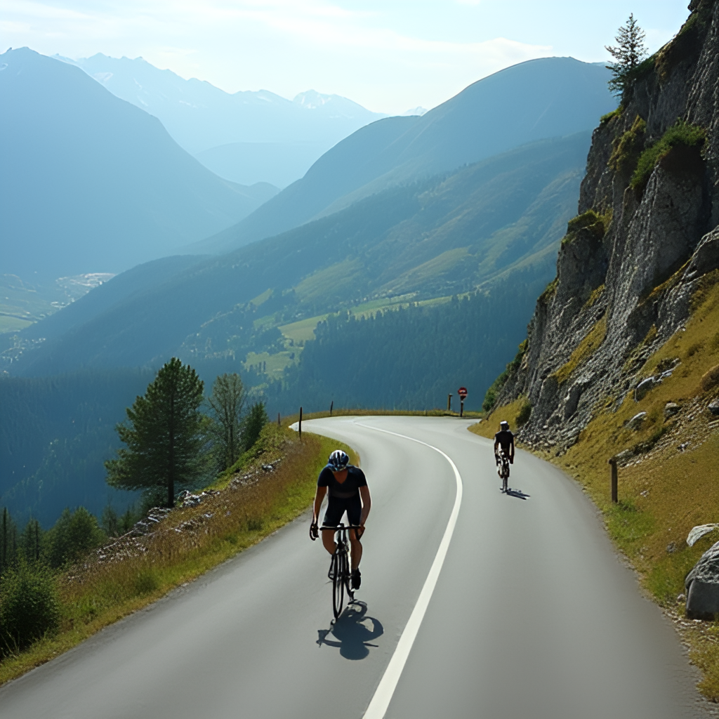 An aerial view of a lone cyclist ascending a steep mountain road during the Tour de Romandie, emphasizing the challenging gradient and the stunning alpine landscape.