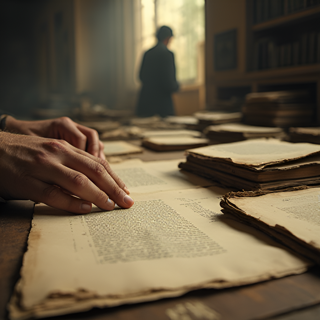 A vintage-style image of hands sorting through old documents and books, suggesting historical research and the discovery of information, with a faint silhouette of a figure in the background, representing the subject of the research.