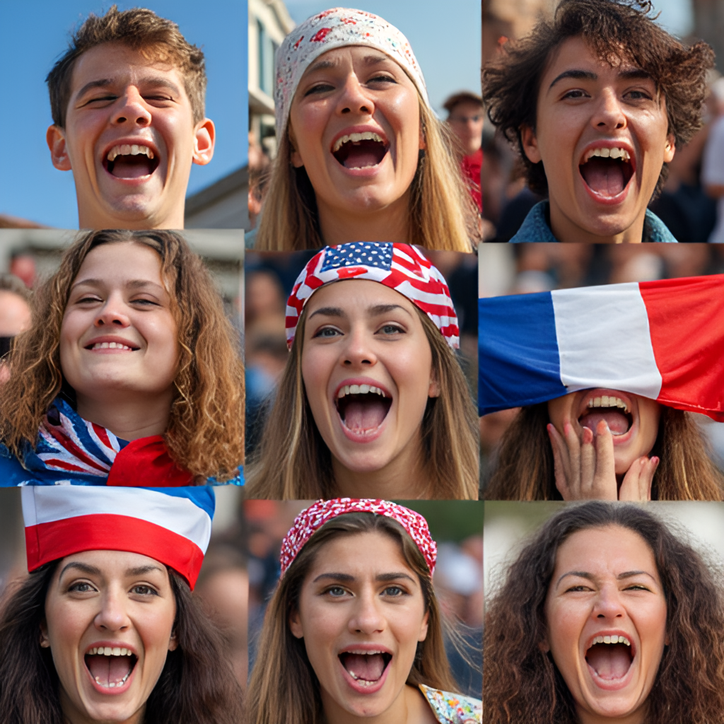 Collage of diverse faces representing different European countries, looking excited and holding flags, symbolizing the unity and diversity of Eurovision fans.