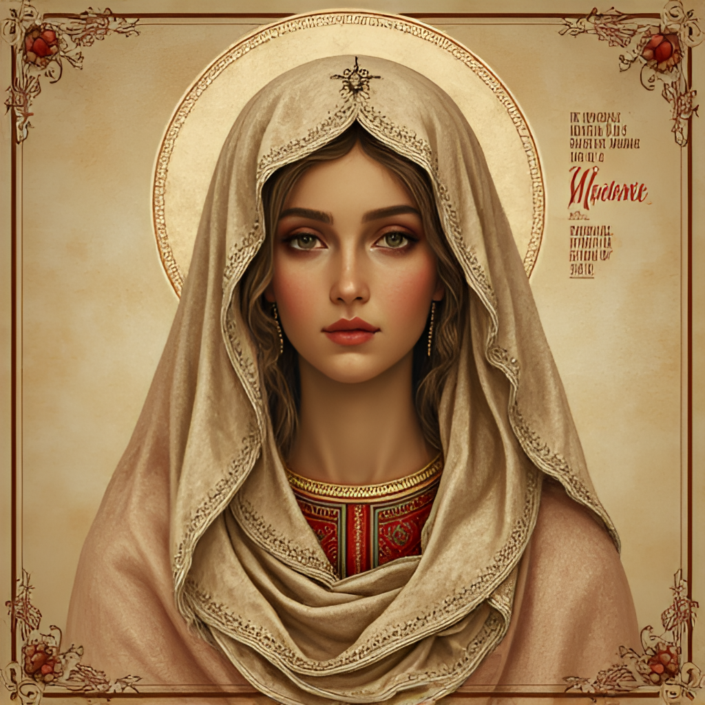 A symbolic image representing the historical roots of Mother's Day in Belarus, possibly depicting an icon or artistic representation of the Virgin Mary with a protective veil, with subtle elements hinting at Belarusian culture, in a classic, reverent art style.