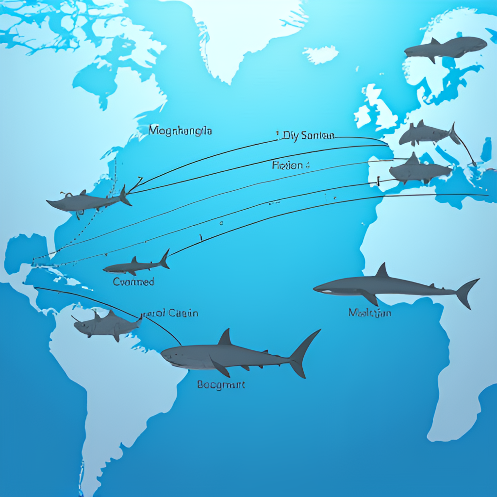 An illustration showing the migration routes of basking sharks across different oceans, highlighting their presence in temperate waters around the globe with arrows indicating movement patterns