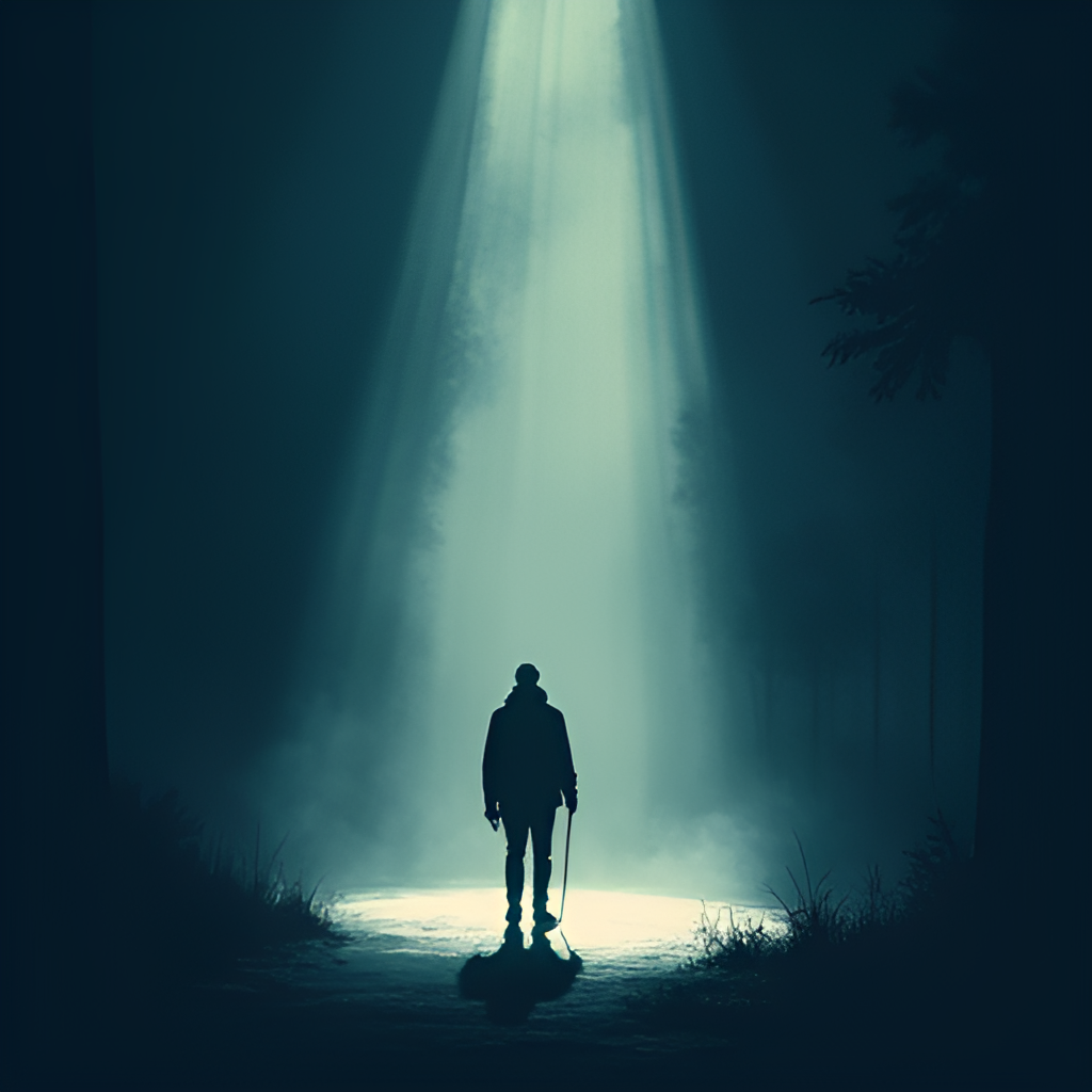 A stylized graphic depicting a spotlight searching in a dark, mysterious background, symbolizing the act of looking for missing people or uncovering secrets, with a faint silhouette of a person in the light
