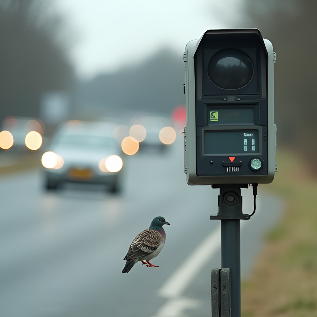 A realistic photo of a speed camera setup next to a road, with a blurred background showing passing cars, and a small, sharp image of a bird (like a duck or pigeon) in the foreground, as if just triggering the camera