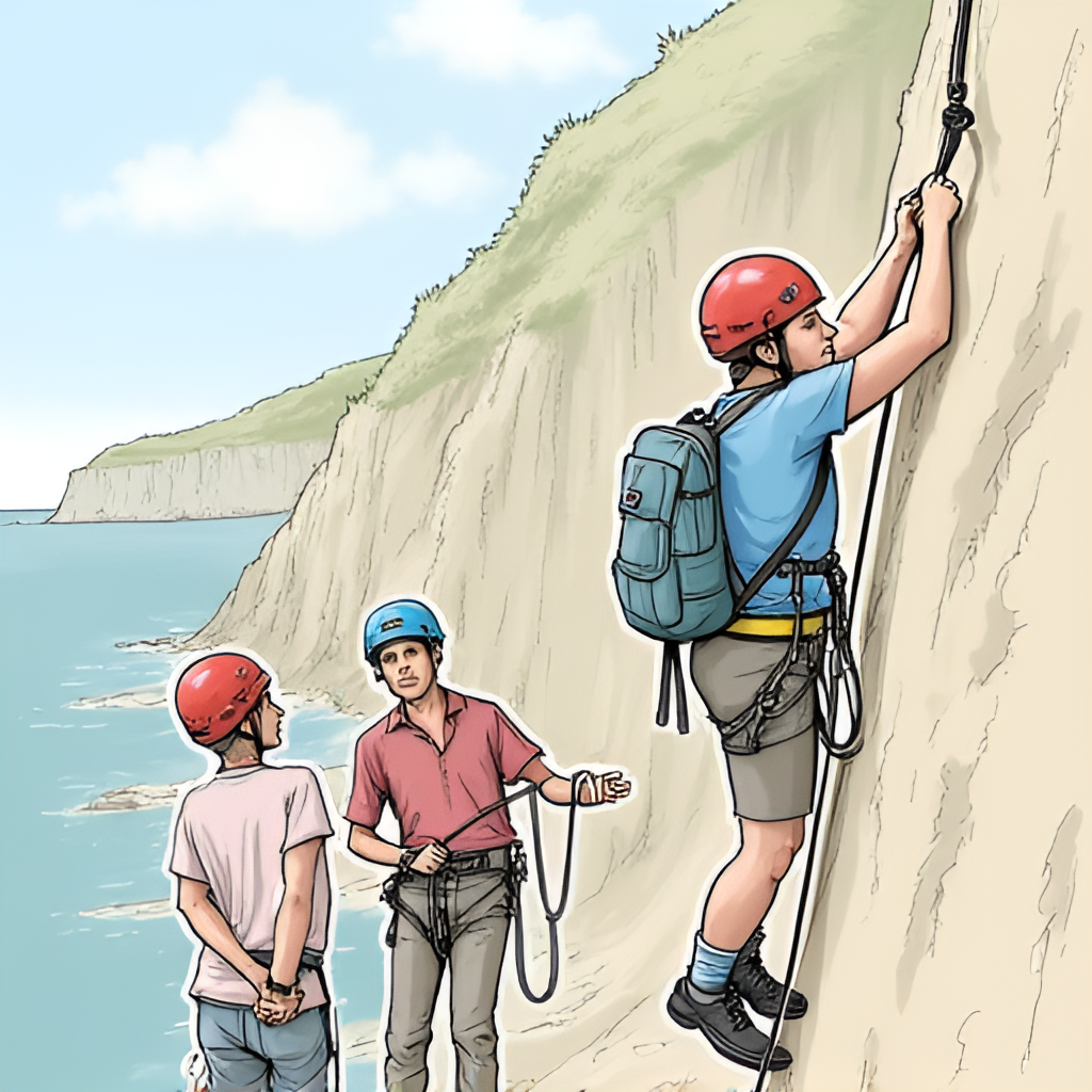 An illustration or photo demonstrating proper climbing safety techniques, such as a thorough buddy check, correct knot tying, or appropriate helmet use, set against a backdrop of the Dinant cliffs.