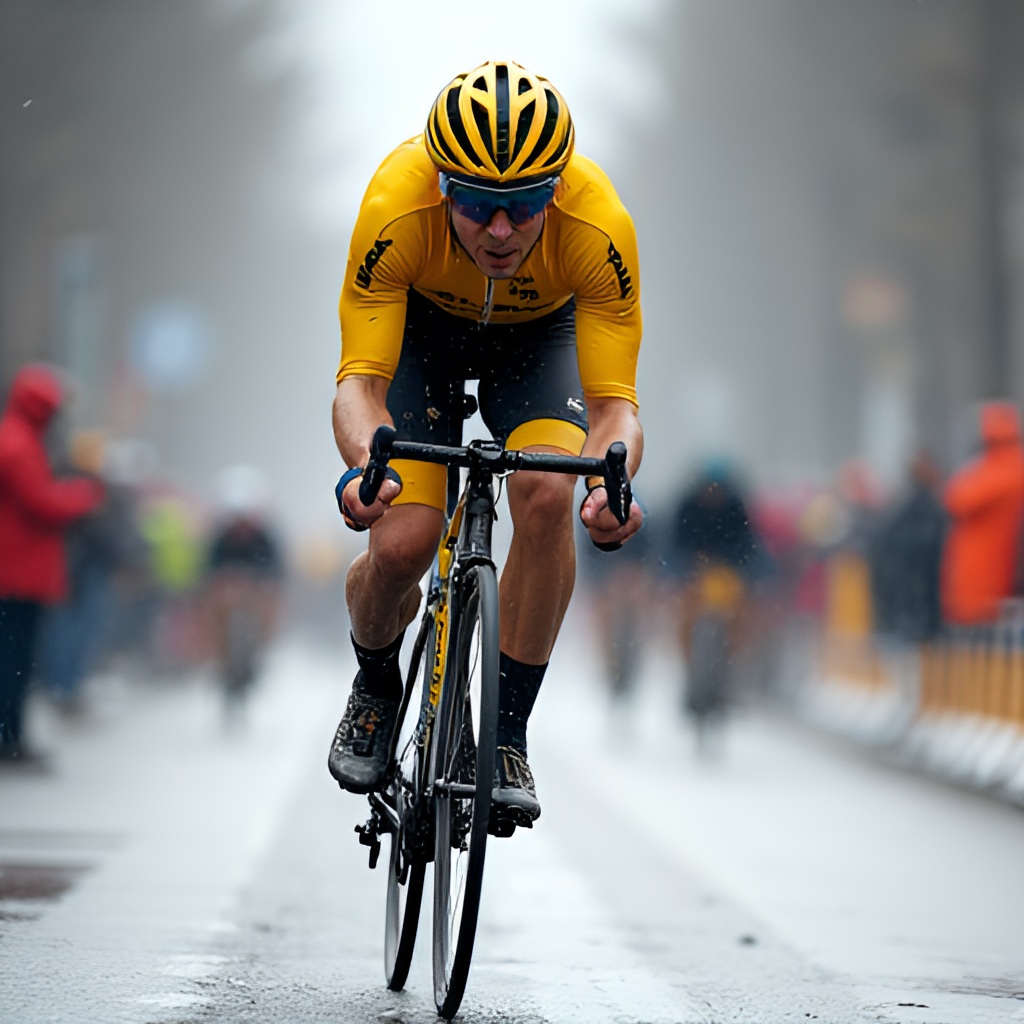 A dynamic, low-angle shot of Mads Pedersen in his Lidl-Trek kit, sprinting powerfully towards the finish line of a classic race with spectators blurred in the background, emphasizing speed and determination.