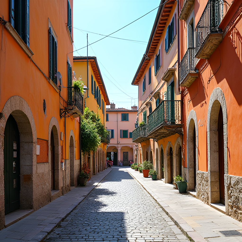 A vibrant street scene in the historic center of Vicenza, depicting charming cobblestone alleyways, colorful buildings, and perhaps a glimpse of local life, conveying the authentic atmosphere of the city beyond its main landmarks.