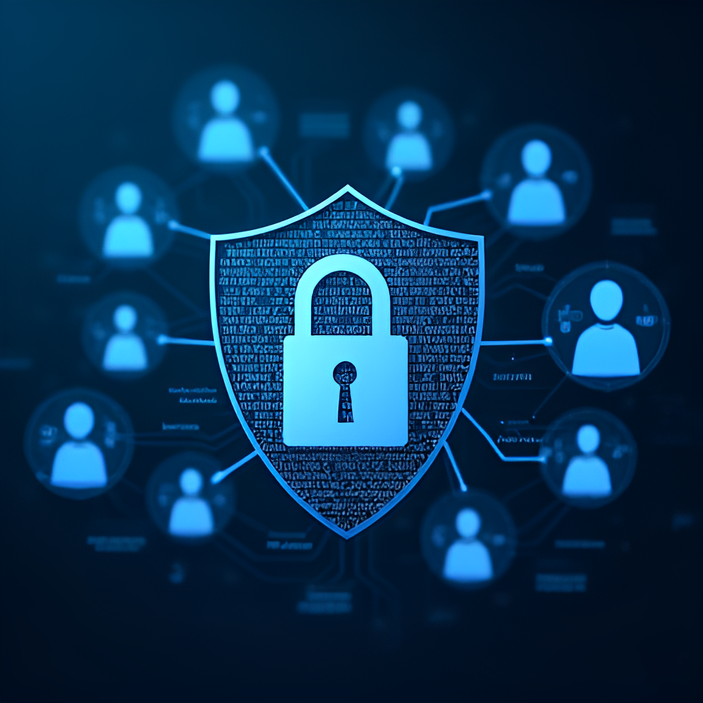 An image depicting data privacy and security concerns, possibly a padlock icon over a network of connected people icons, or stylized binary code flowing through a shield symbol, set against a slightly abstract digital background.