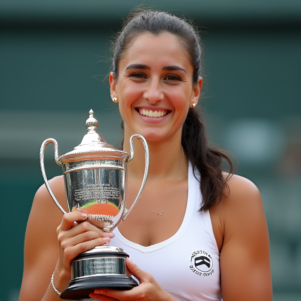 A portrait of Caroline Garcia holding a trophy, possibly from the WTA Finals or French Open doubles, smiling and looking confident. The background could be a tennis stadium or official photo backdrop.