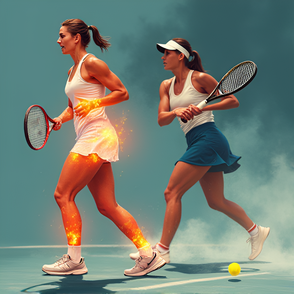 A conceptual illustration depicting the challenge of injuries in sports, showing a tennis player figure with glowing areas indicating pain, alongside a blurred image of Paula Badosa in action. Style should be slightly abstract but clear.