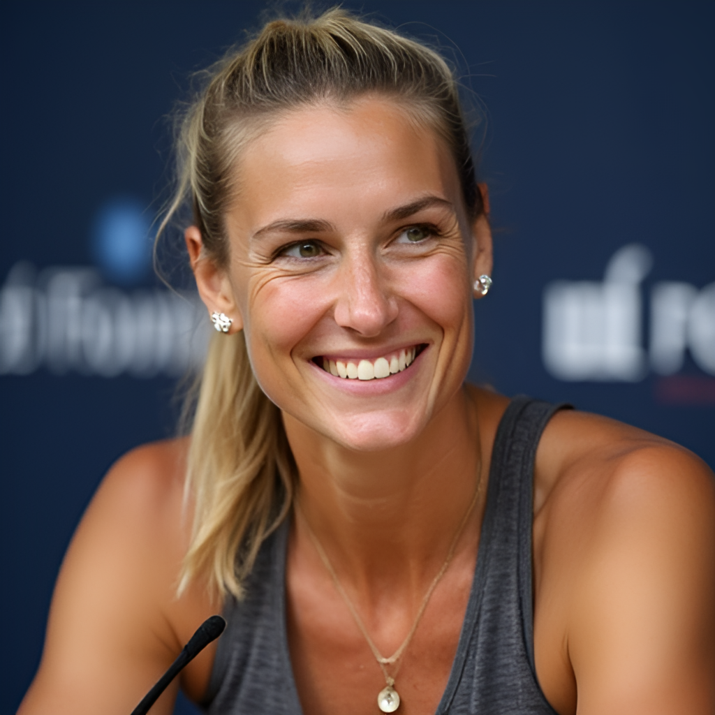 A portrait photo of Paula Badosa smiling off-court, perhaps during a press conference or a casual moment, conveying her personality and resilience.