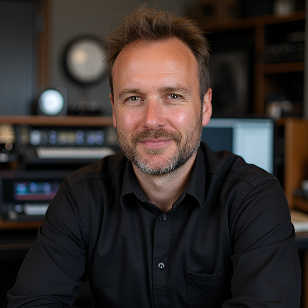 A portrait of Pascal Braeckman in a studio or on a film set environment, perhaps with some sound equipment visible in the background, conveying his expertise and approachable personality.
