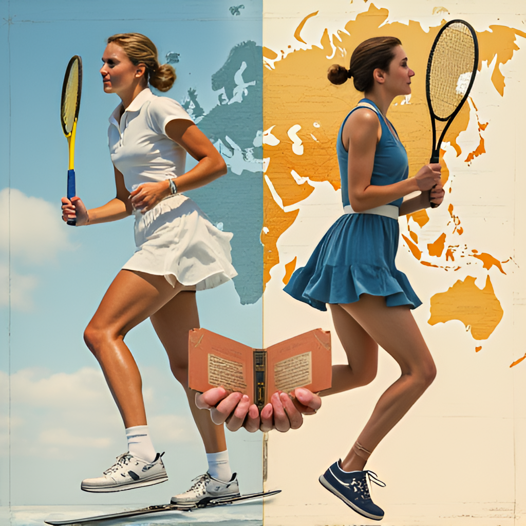 A collage or split image showing two aspects of Princess Alexandra's interests: one side depicting someone playing tennis or skiing (representing her sports interests) and the other side showing hands holding a book or a world map (representing her interest in literature, travel, and international relations).