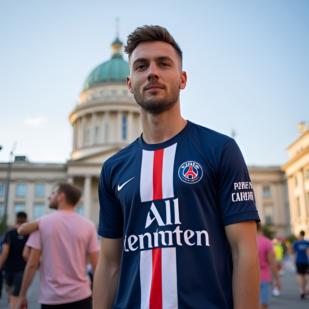 A vibrant photo of a football fan in Belarus proudly wearing a Paris Saint-Germain jersey, standing in front of a recognizable Belarusian landmark, capturing the global reach of the club.