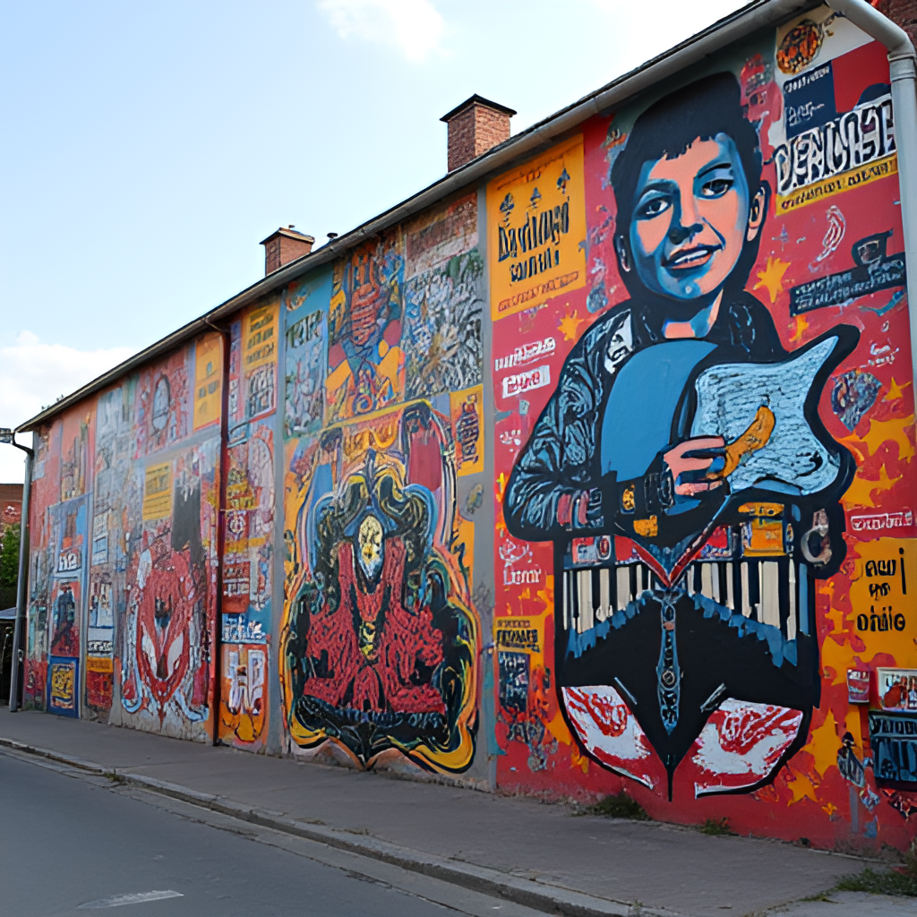A vibrant mural in a Belarusian city depicting themes related to music and youth culture, with subtle nods to traditional Belarusian patterns or motifs, in a street art style.