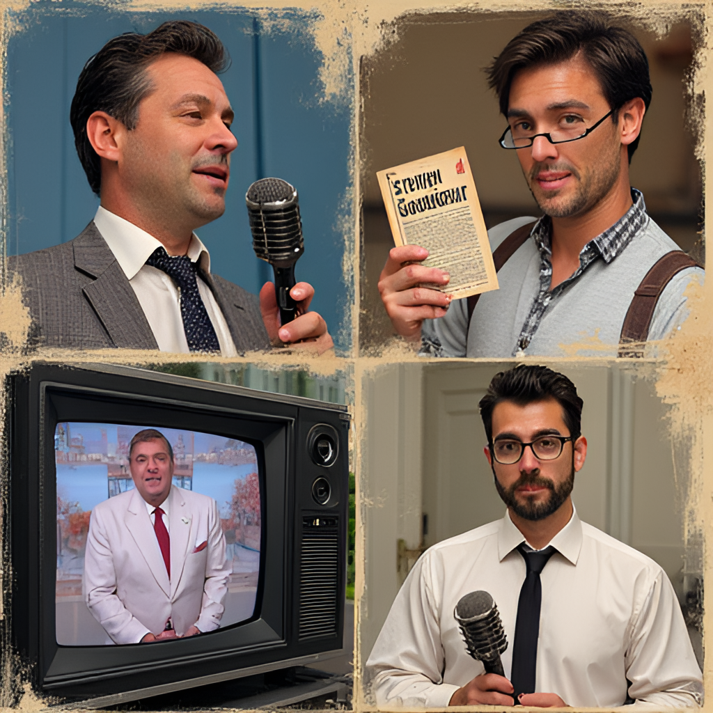 A collage of images representing Steven Goegebeur's various roles: a microphone for comedy, a book for his writing, a television screen showing a program he was in, and perhaps a subtle nod to a wedding ceremony, in a mixed-media style.