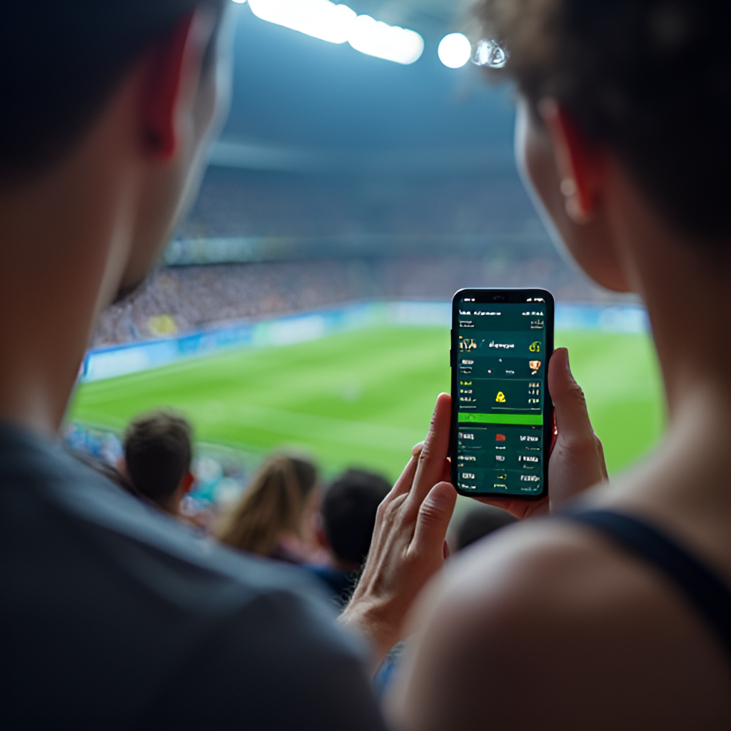 A person (could be male or female) enthusiastically watching a sports game on their smartphone or tablet, with a livescore interface visible on the screen. The background could be a blurred representation of a stadium or a living room.