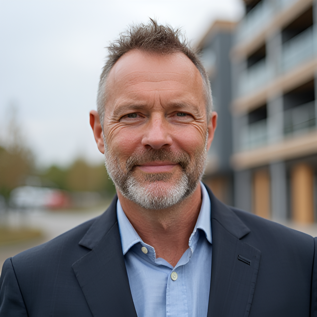 A close-up portrait of a confident-looking man, Paul Gheysens, perhaps in a business setting or standing near one of his development projects, conveying experience and determination.