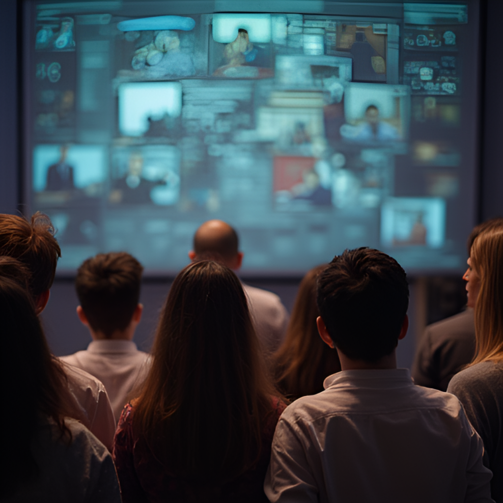 A diverse group of people from different backgrounds looking at a shared screen or projection, discussing a complex topic with both concern and thoughtful engagement. Represents the impact of news on society and dialogue. Photojournalistic style.