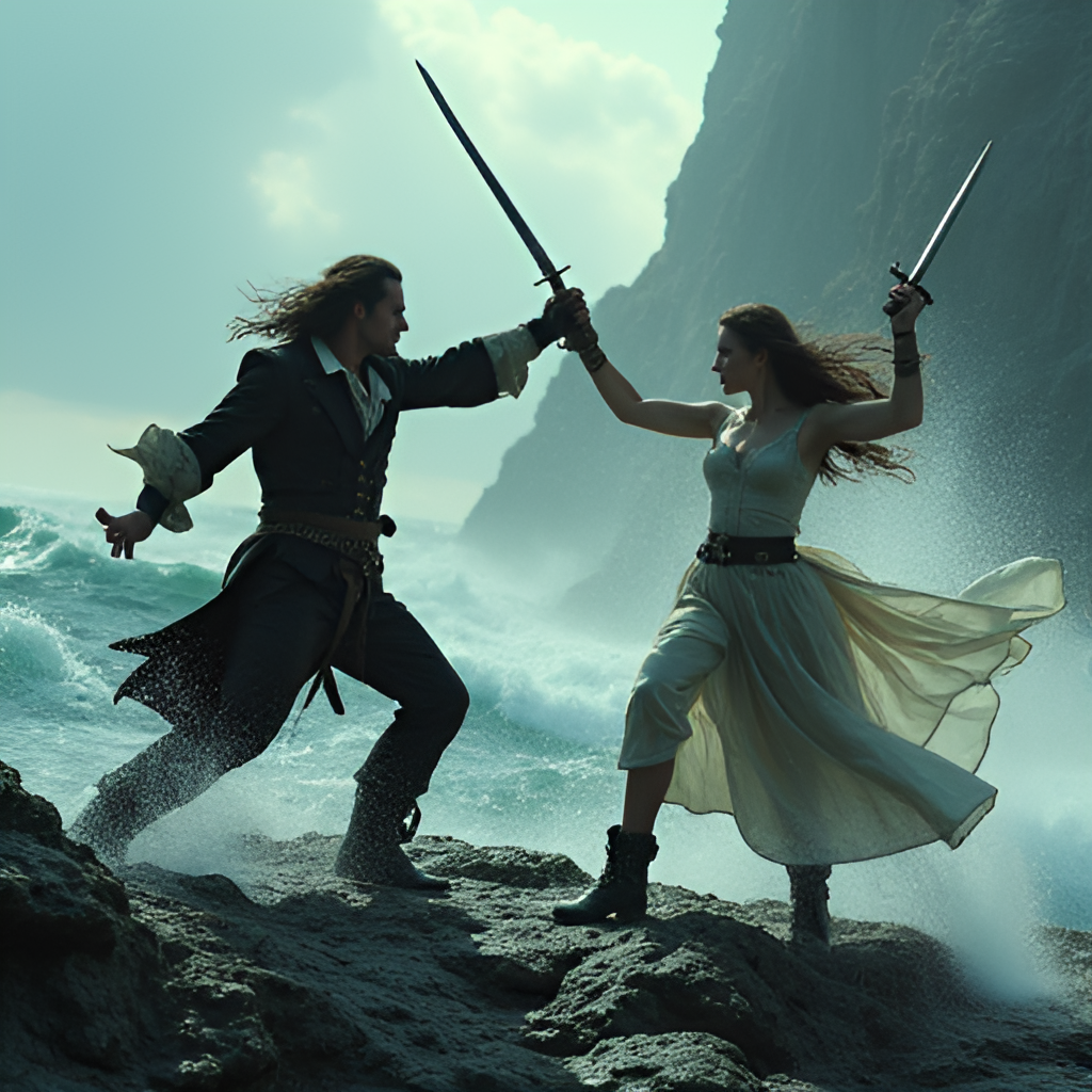 A vibrant scene showing Will Turner and Elizabeth Swann in a dramatic sword fight on a sinking ship or rocky outcrop, surrounded by stormy seas, dynamic action pose, high fantasy film still style