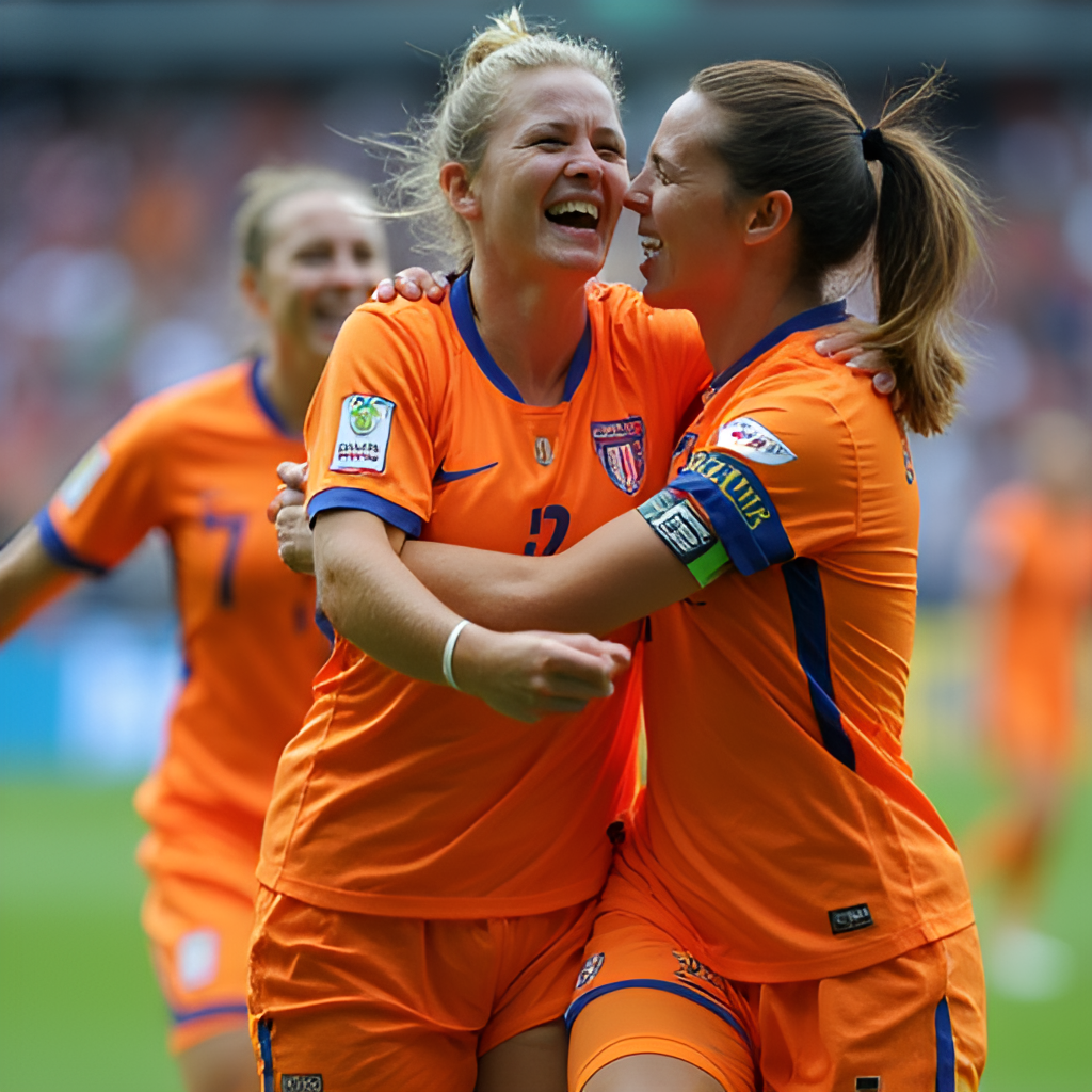 A close-up, dynamic shot of female footballers celebrating a goal during a match, showing emotion, teamwork, and the intensity of the game, with vibrant team kits.
