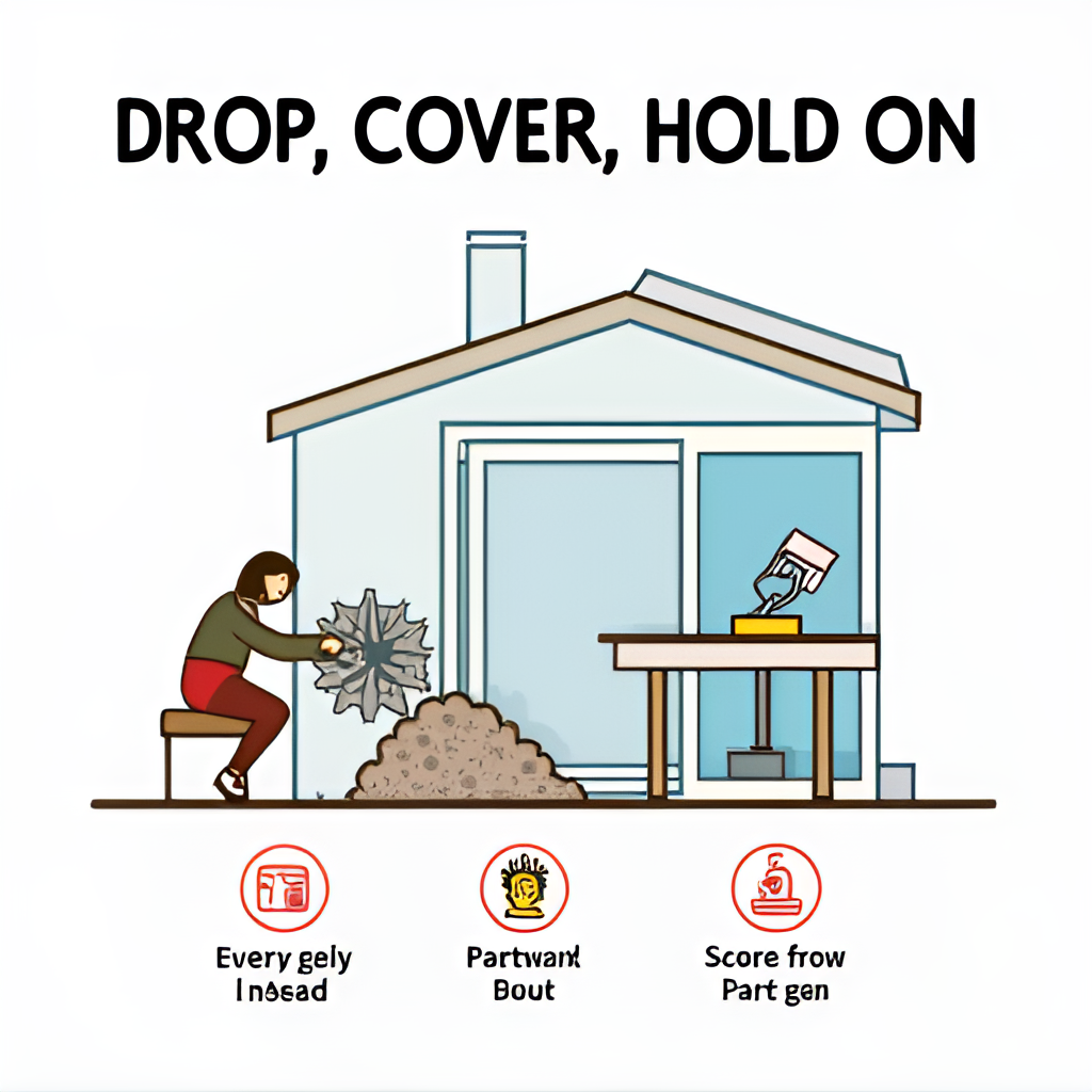 A 'Drop, Cover, Hold On' safety infographic showing a person taking shelter under a sturdy table during an earthquake inside a modern building, with icons for emergency kit and gas shut-off.