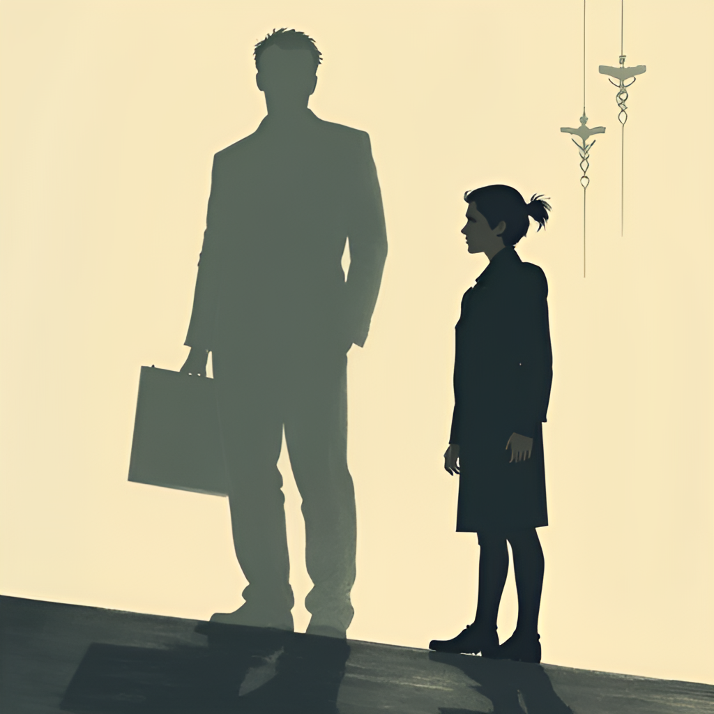 An artistic illustration depicting the concept of 'living in the shadow of a famous figure' – perhaps two silhouetted figures, one larger and prominent, the other smaller and receding, with a subtle medical symbol in the background, to represent Laurent Macron's profession and his relationship with his brother.